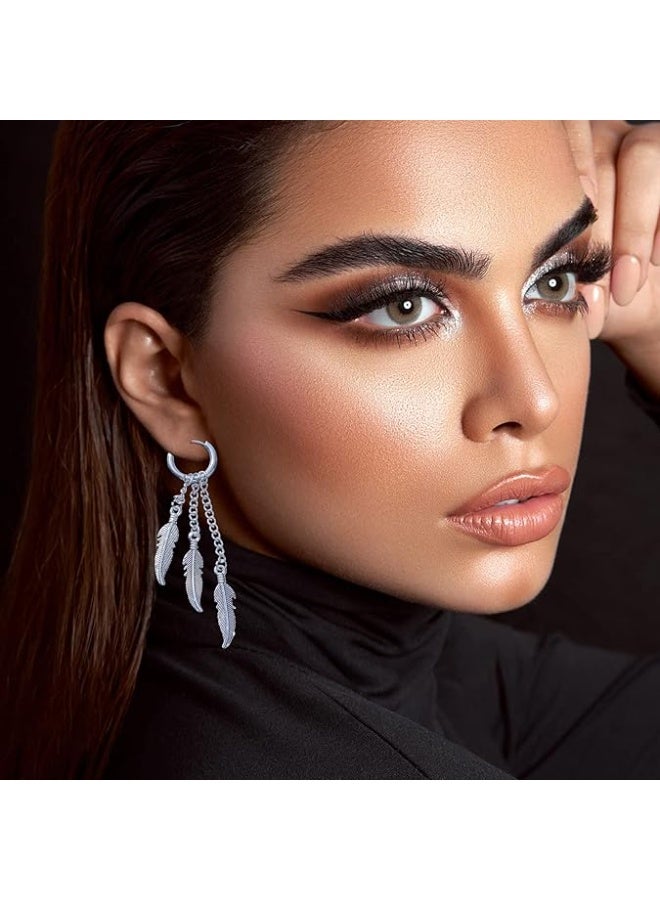 Stainless Steel Feather Chain Earrings for Men Women Sliver Gold Black Punk Long Dangle Earrings Set Lightweight Fashion Party Birthday Jewelry - Image 4