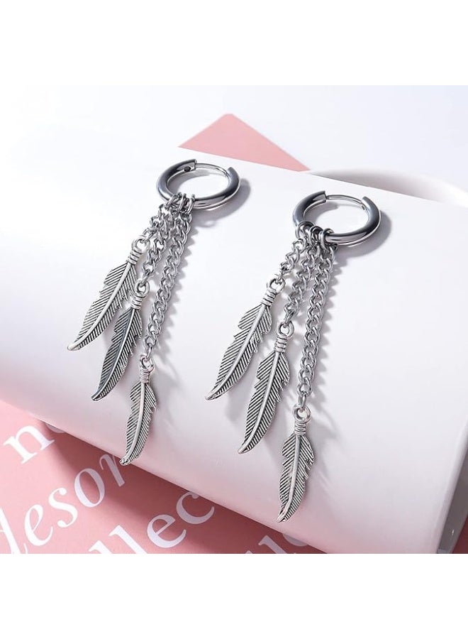 Stainless Steel Feather Chain Earrings for Men Women Sliver Gold Black Punk Long Dangle Earrings Set Lightweight Fashion Party Birthday Jewelry - Image 5