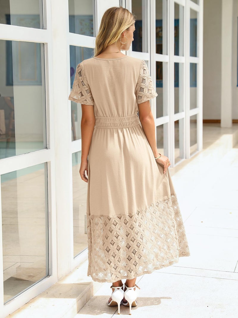 Simplee Apparel Simplee Womens Semi Formal Maxi Dresses - Flowy Boho Lace Short Sleeve V Neck Empire Waist Fall Wedding Guest Dress (Beige M) - Image 5