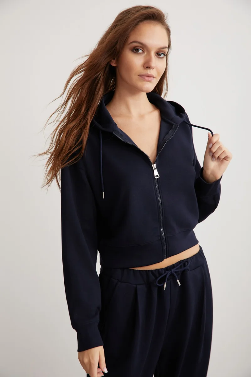 جريميلانج Jill Women's Relaxed Fit Comfortable Pattern Hooded Zippered Knitted Crop Navy Blue Sweatshirt