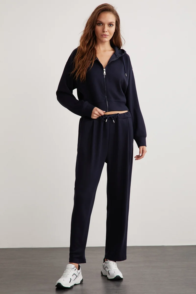 جريميلانج Jill Women's Relaxed Fit Comfortable Pattern Hooded Zippered Knitted Crop Navy Blue Sweatshirt