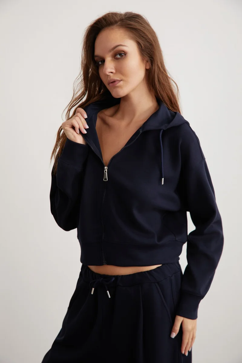 جريميلانج Jill Women's Relaxed Fit Comfortable Pattern Hooded Zippered Knitted Crop Navy Blue Sweatshirt