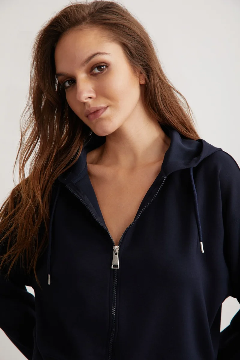 جريميلانج Jill Women's Relaxed Fit Comfortable Pattern Hooded Zippered Knitted Crop Navy Blue Sweatshirt
