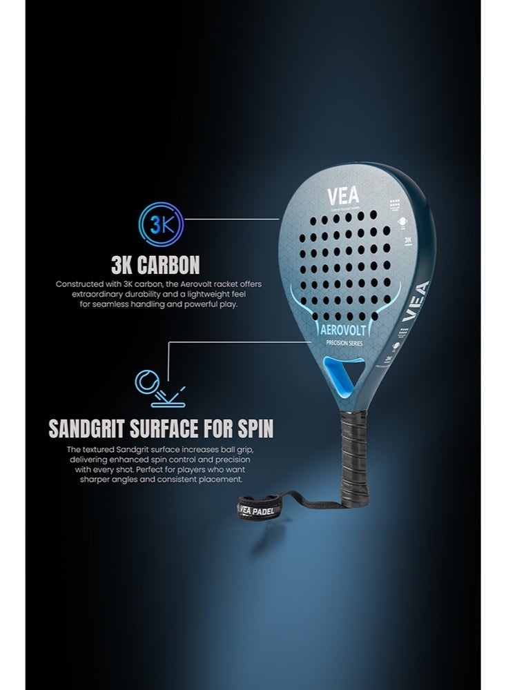 VEA AEROVOLT Professional Padel Racket | 3K Carbon Fiber Frame | Teardrop Shape for Power & Control | EVA Core | Sandgrit Surface for Spin | 360 g Lightweight Racquet with Carry Bag - Image 2
