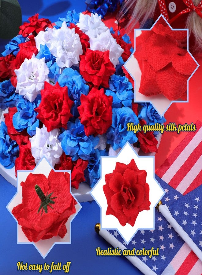 Cindeer 110 Pcs 4th of July Patriotic Flowers Fake Silk Roses Heads Artificial Flowers Bulk Patriotic Memorial Decorations Flowers for Home Table Indoor Decor (Red, Blue, White) - Image 3