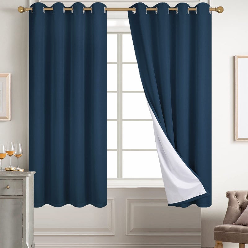 Diraysid 100 Blackout Curtains Navy Blue Linen Curtains for Bedroom Grommet Thermal Insulated Room Darkening Drapes 2 Panels W52 x L63 Inch