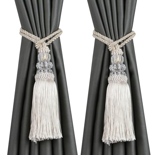 HedongHexi Curtain Tiebacks with Tassel, Outdoor Elegant Decorative Curtain Holdback,Modern Rope Window Curtain Ties Backs for Draperies 2 Pack (2, Beige) - Image 1