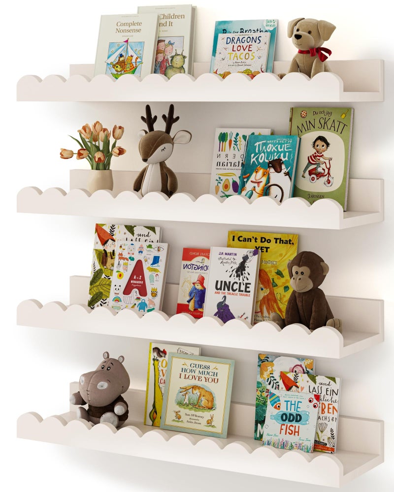 Shario Nursery Book Shelves, 4-Pack White Floating Shelves for Wall Kids, Scalloped Shelves, Wall Book Shelves for Bedroom Kids, Toddler Room, Baby Room, Nursery Decor - Image 1