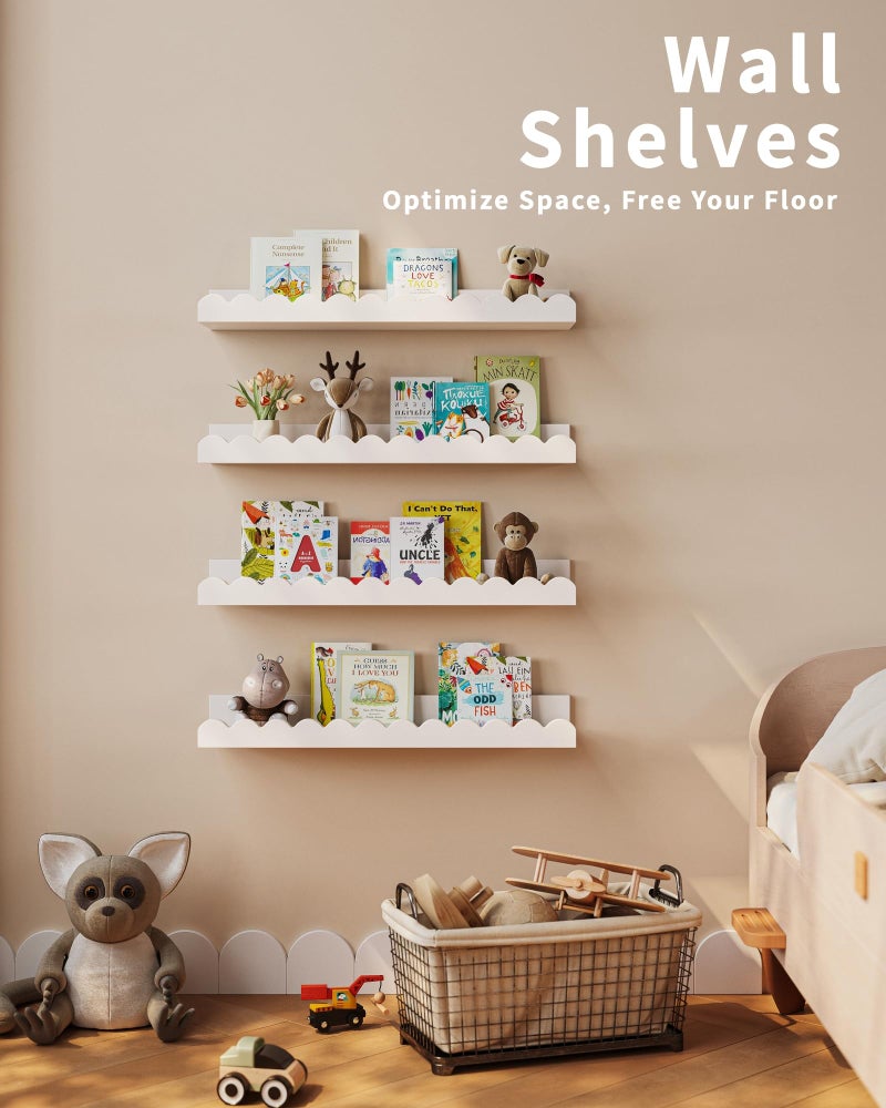 Shario Nursery Book Shelves, 4-Pack White Floating Shelves for Wall Kids, Scalloped Shelves, Wall Book Shelves for Bedroom Kids, Toddler Room, Baby Room, Nursery Decor - Image 4
