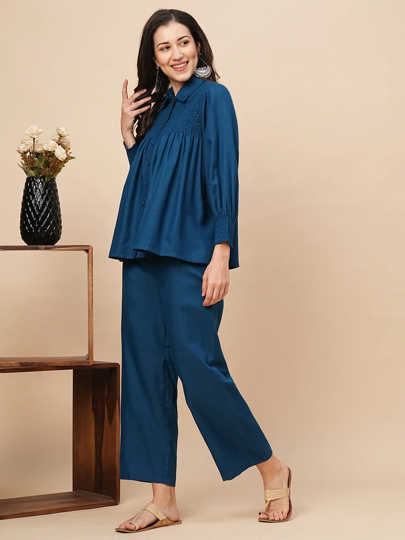 globus Globus Women Teal Smocked Yoke A-Line Shirt & Trousers Fusion Co-Ords