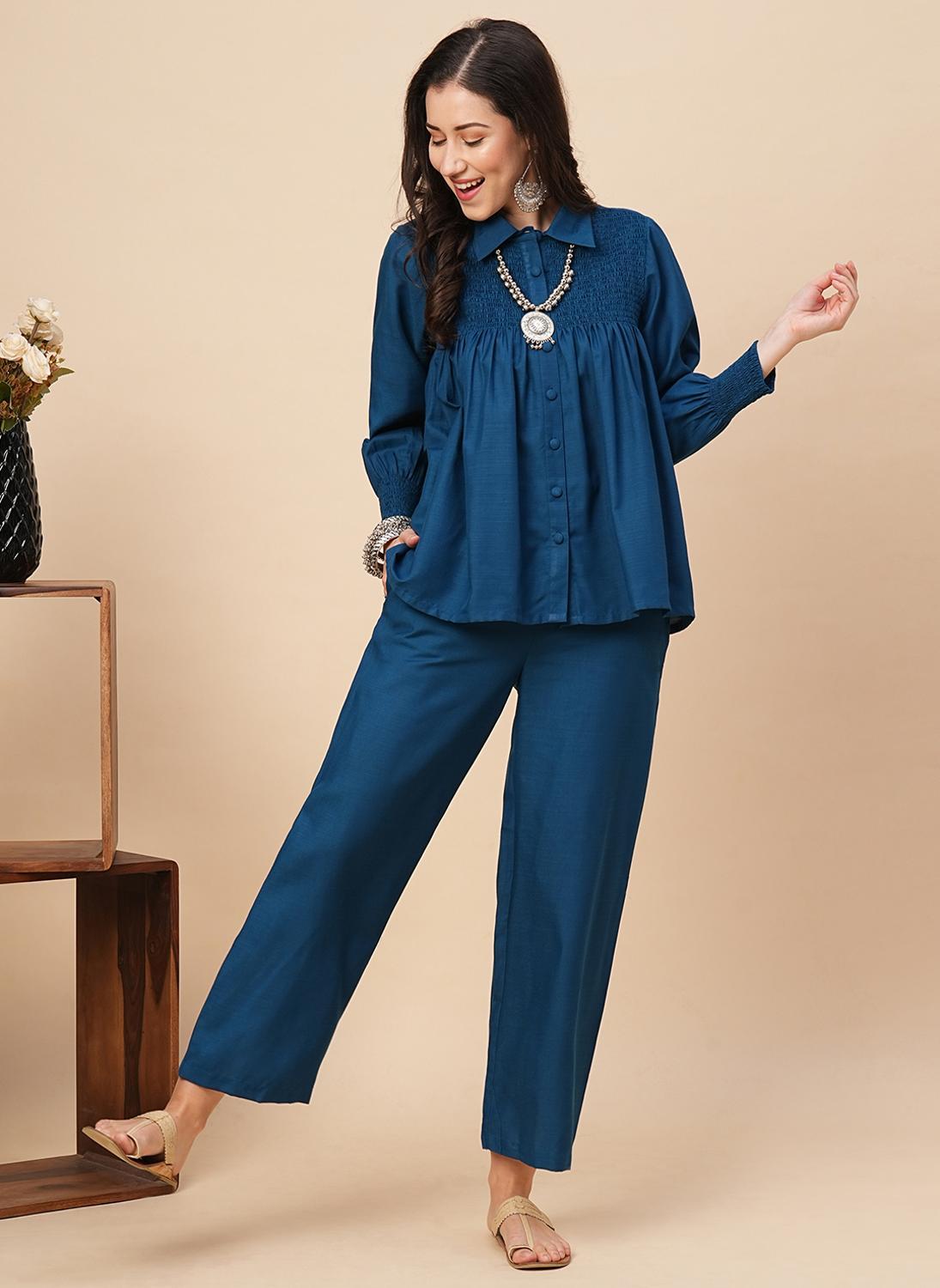 Globus Women's Teal Smocked Co Ord Set with Shirt Collar and Elasticated Sleeves