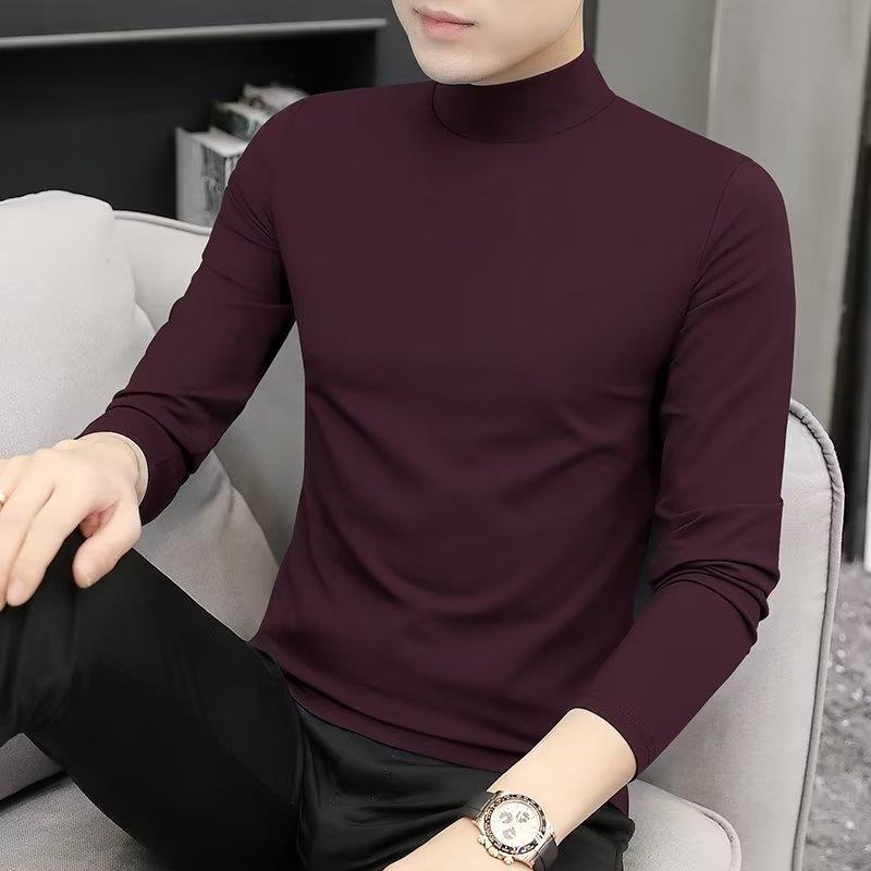 Special Clearance] Mens High Collar Base Shirt Long Sleeve T-shirt Student Solid Color T-shirt Top Mens Youth Base Autumn Clothes Burgundy Long Sleeve Mockneck