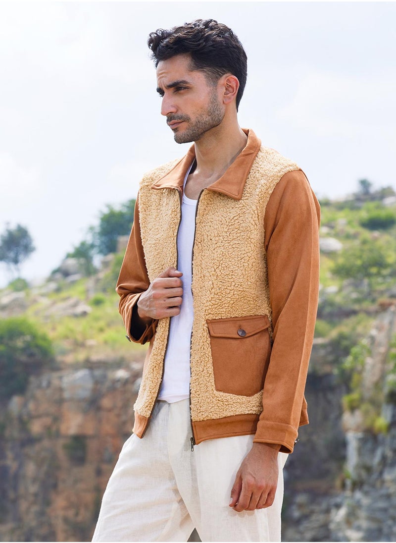 كامبوس سوترا Men's Tan Brown Contrast Sherpa Jacket  - Image 3