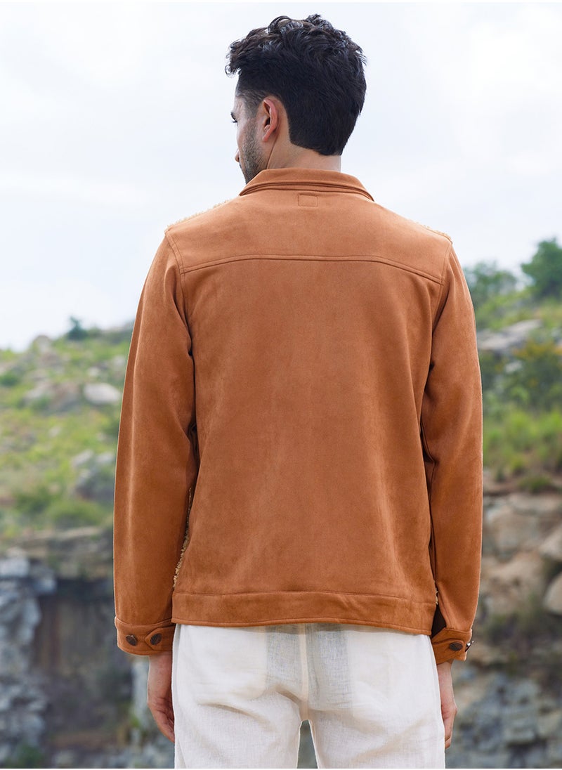 كامبوس سوترا Men's Tan Brown Contrast Sherpa Jacket  - Image 5