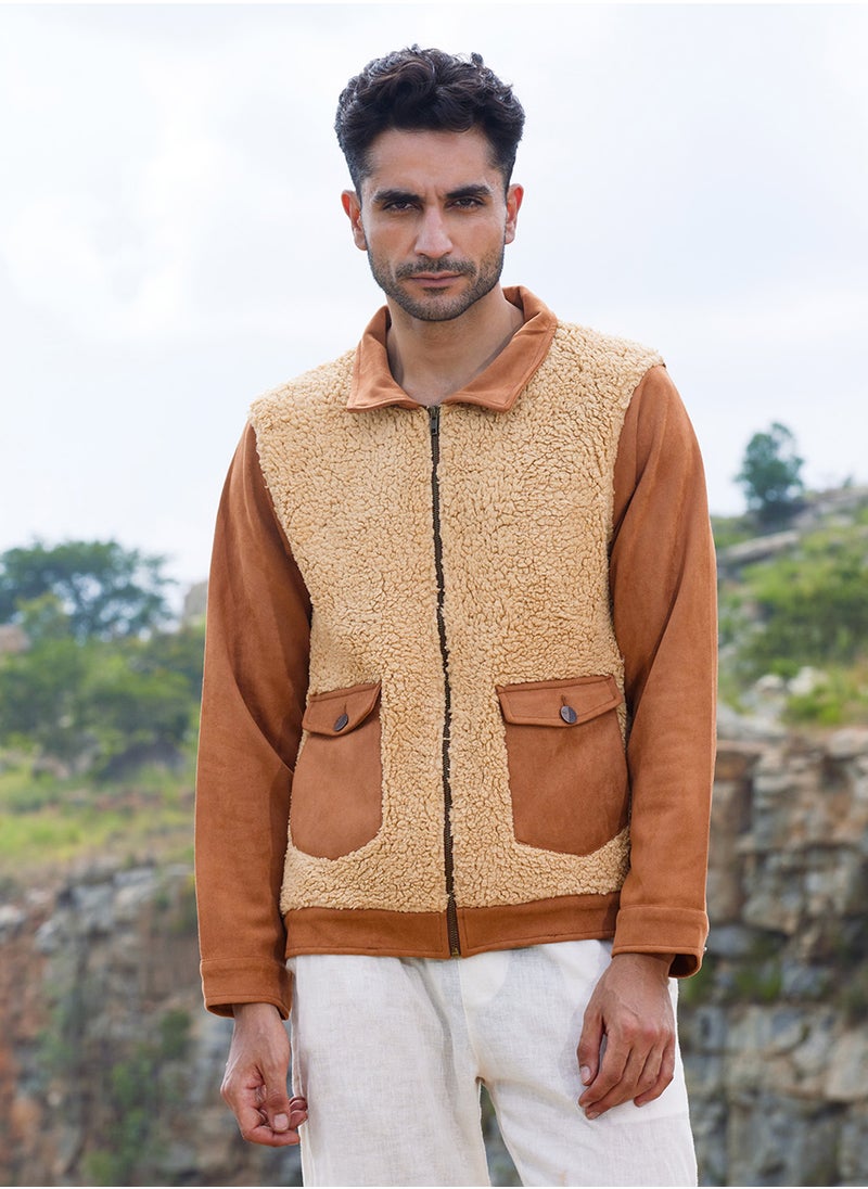 كامبوس سوترا Men's Tan Brown Contrast Sherpa Jacket  - Image 2