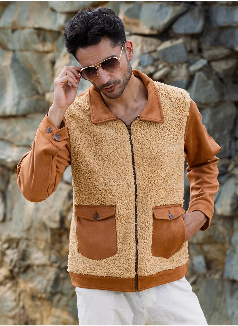 كامبوس سوترا Men's Tan Brown Contrast Sherpa Jacket