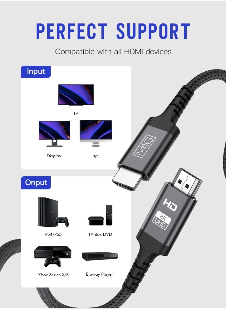 MMG HDMI Cable HDMI 8K HDMI 2.1 Ultra HD High-Speed 48Gbps 8K@60Hz HDMI Braided Cord eARC Dynamic HDR Dolby Vision Compatible with MacBook Pro PS5 Switch TV Xbox Roku UHD TV Blu-ray Projector  - Image 2