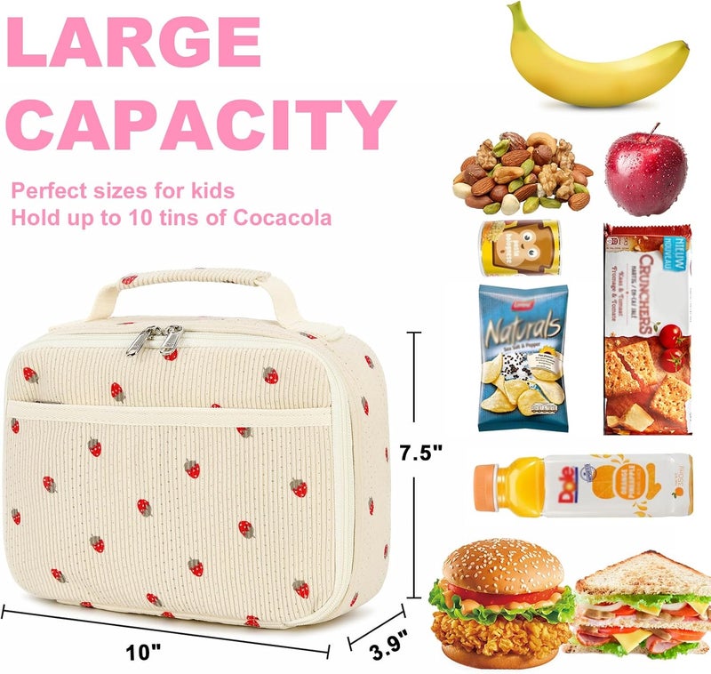 BLUBOON Insulated Lunch Bag for Girls & Boys, Corduroy School Lunch Box with Cooler & Organizer Compartments, Leak-Proof Lunch Tote for School, Travel (Corduroy Strawberries Beige) - Image 4