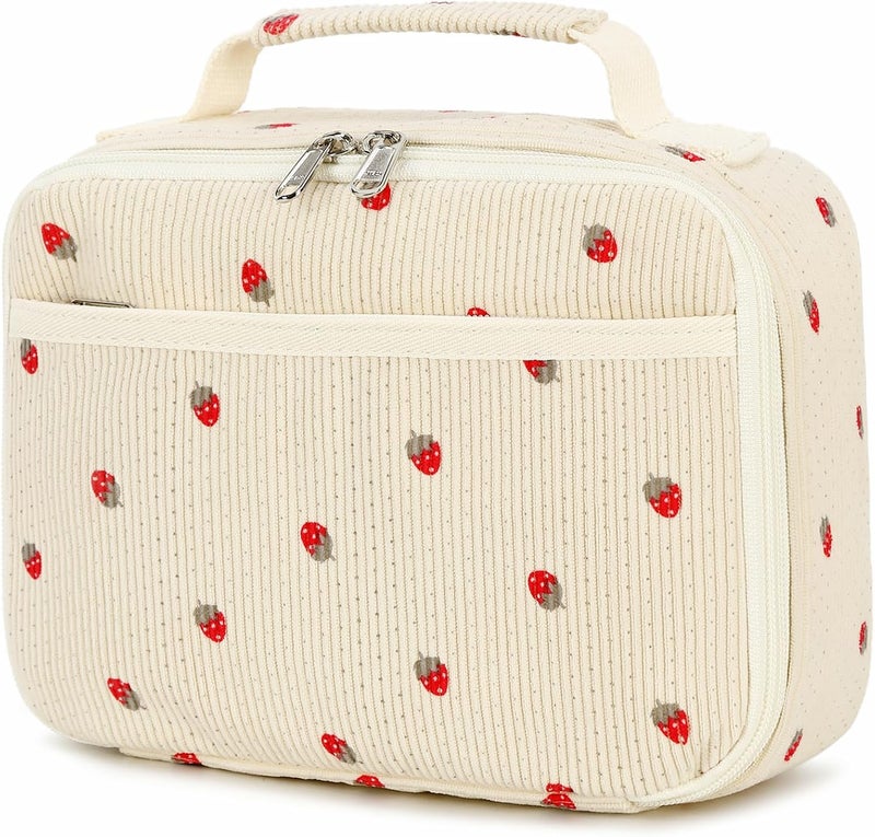 BLUBOON Insulated Lunch Bag for Girls & Boys, Corduroy School Lunch Box with Cooler & Organizer Compartments, Leak-Proof Lunch Tote for School, Travel (Corduroy Strawberries Beige) - Image 1