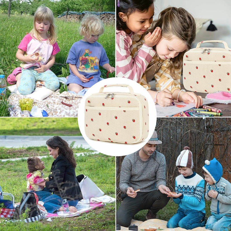 BLUBOON Insulated Lunch Bag for Girls & Boys, Corduroy School Lunch Box with Cooler & Organizer Compartments, Leak-Proof Lunch Tote for School, Travel (Corduroy Strawberries Beige) - Image 3