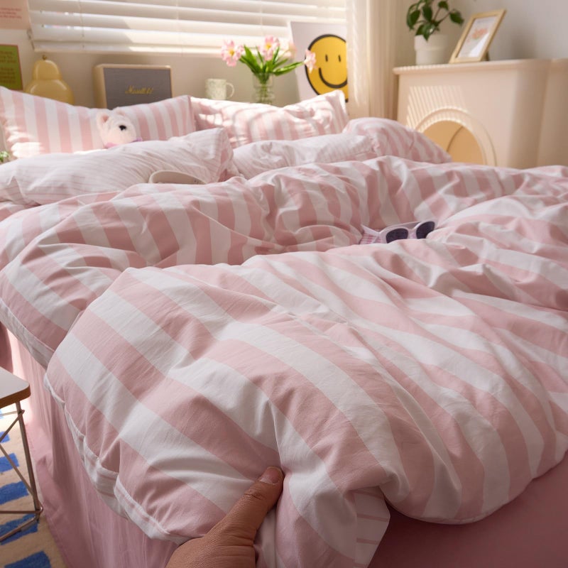 MOTNTD Peach Pink Striped Duvet Covers Queen Boho Patterned Comforters Cover Queen Size Farmhouse Aesthetic Preppy Cute Duvet Cover Set with Corner Ties Girls Bedding Washed Microfiber Duvet Protector - Image 5