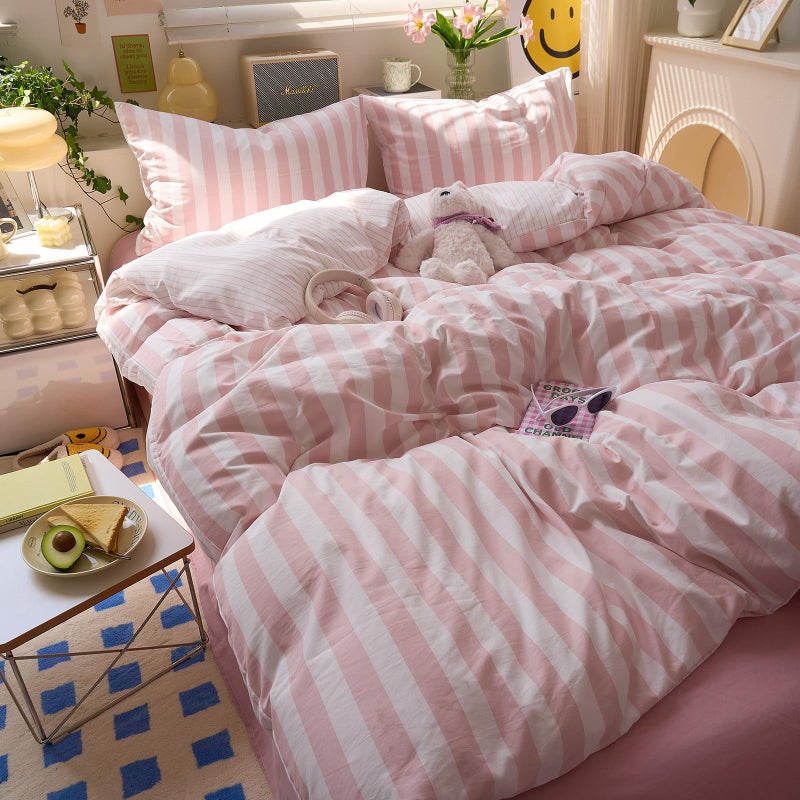 MOTNTD Peach Pink Striped Duvet Covers Queen Boho Patterned Comforters Cover Queen Size Farmhouse Aesthetic Preppy Cute Duvet Cover Set with Corner Ties Girls Bedding Washed Microfiber Duvet Protector - Image 2
