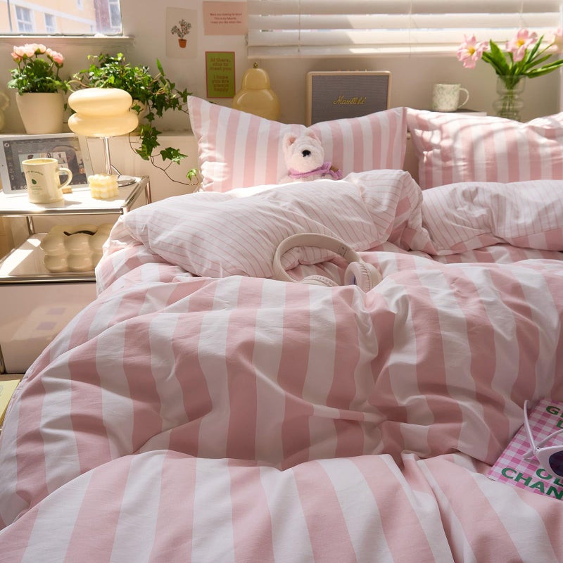 MOTNTD Peach Pink Striped Duvet Covers Queen Boho Patterned Comforters Cover Queen Size Farmhouse Aesthetic Preppy Cute Duvet Cover Set with Corner Ties Girls Bedding Washed Microfiber Duvet Protector - Image 4