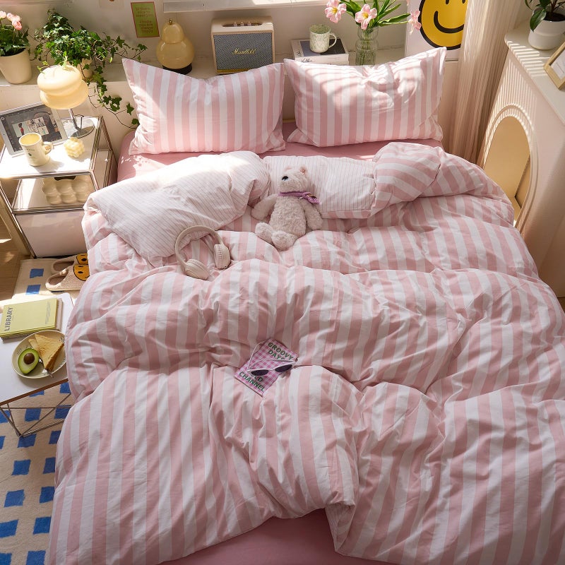 MOTNTD Peach Pink Striped Duvet Covers Queen Boho Patterned Comforters Cover Queen Size Farmhouse Aesthetic Preppy Cute Duvet Cover Set with Corner Ties Girls Bedding Washed Microfiber Duvet Protector - Image 1