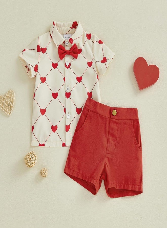 Thorn Tree Toddler Boy Valentines Day Outfit Bow Tie Short Sleeve Shirt Baby Shorts Gentleman Suit Valentines Clothes, Beige Red, 3-4 years - Image 2
