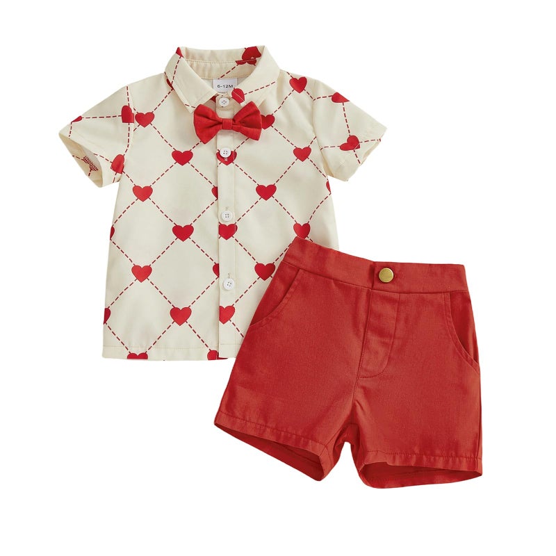 Thorn Tree Toddler Boy Valentines Day Outfit Bow Tie Short Sleeve Shirt Baby Shorts Gentleman Suit Valentines Clothes, Beige Red, 3-4 years - Image 1