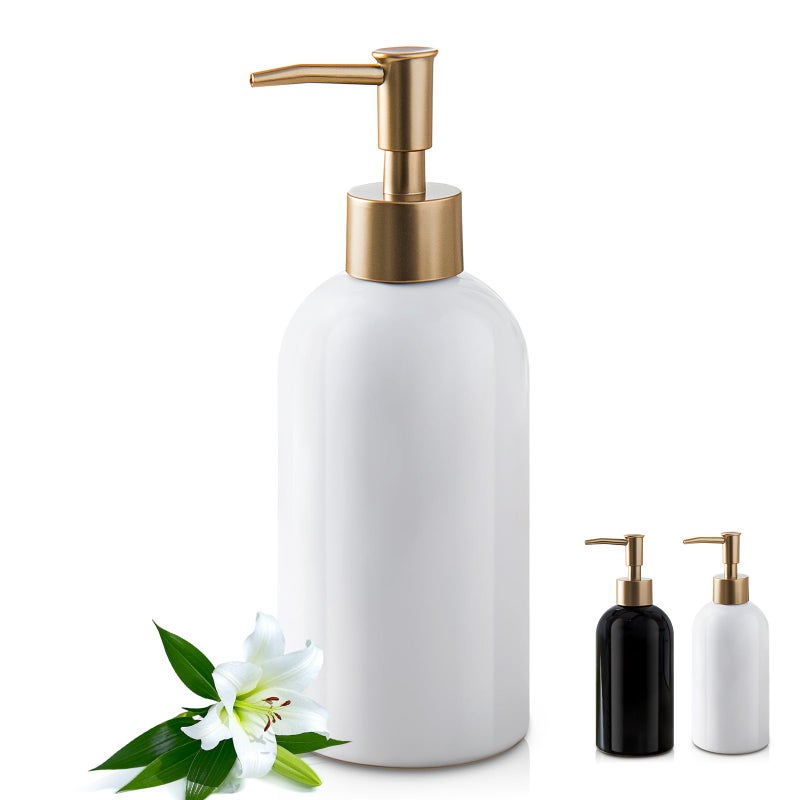 Gold Refillable Dish Soap Dispenser for Kitchen SinkHand Soap Dispenser Bottle for Bathroom Countertop Sink White Simple Modern Lotion Pump Bottle 420ml for Laundry Dishwashing Soap Cream Liquid