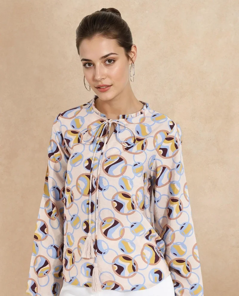 Rareism Women's Abstract Print Top With Ruffled Sleeves
