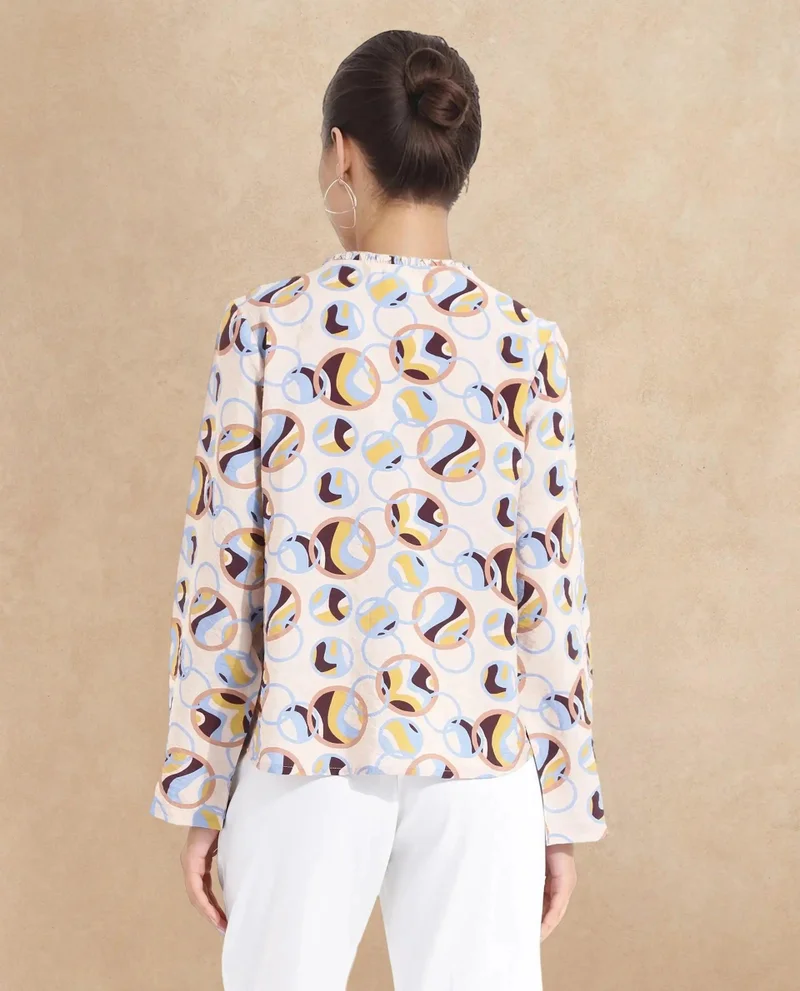 Rareism Women's Abstract Print Top With Ruffled Sleeves