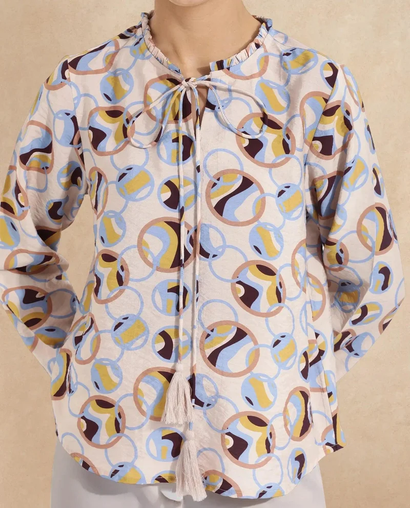 Rareism Women's Abstract Print Top With Ruffled Sleeves