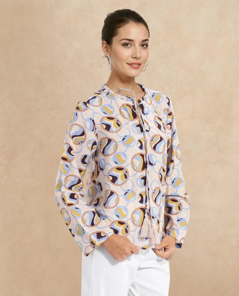 Rareism Women's Abstract Print Top With Ruffled Sleeves