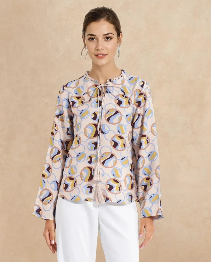 Rareism Women's Abstract Print Top With Ruffled Sleeves