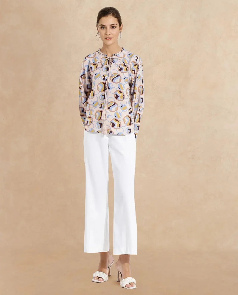 Rareism Women's Abstract Print Top With Ruffled Sleeves