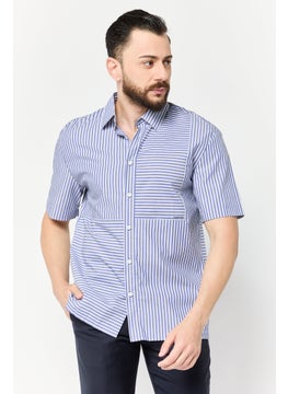 SELECTED Men Drop Shoulder Fit Stripe Short Sleeve Causal Shirt, Multicolor  - Image 1
