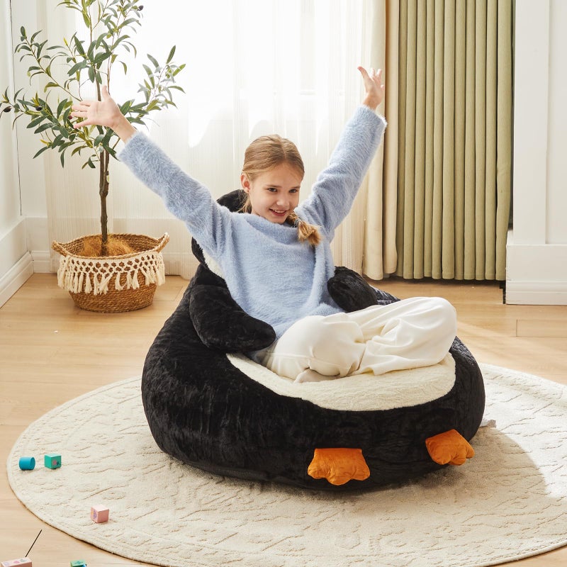 DUMOS Kids Bean Bag Chair, Stuffed Toddler Couch with Faux Rabbit Fur Cover for Teens & Kids, Comfy Lazy Sofa Chair for Reader, Living Room, Bedroom, Aged 4-12 Years, 34 Inch, Penguin Black White - Image 3
