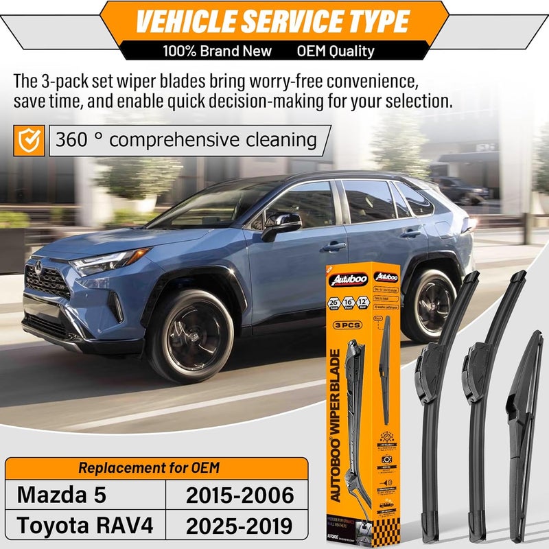 AUTOBOO 26in+16in Wipers with 12in Rear Wiper Blade for Toyota RAV4 2019 2020 2021 2022, Mazda 5 2015 2014 2013 2012 2011 2010-2006 (Pack of 3) - Image 2