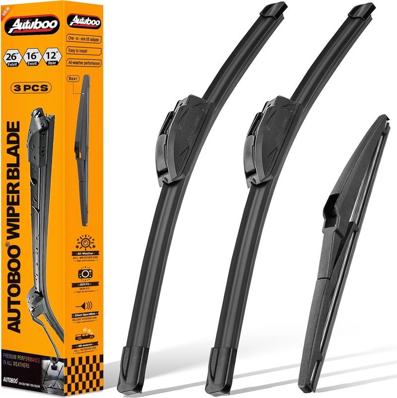 AUTOBOO 26in+16in Wipers with 12in Rear Wiper Blade for Toyota RAV4 2019 2020 2021 2022, Mazda 5 2015 2014 2013 2012 2011 2010-2006 (Pack of 3) - Image 1