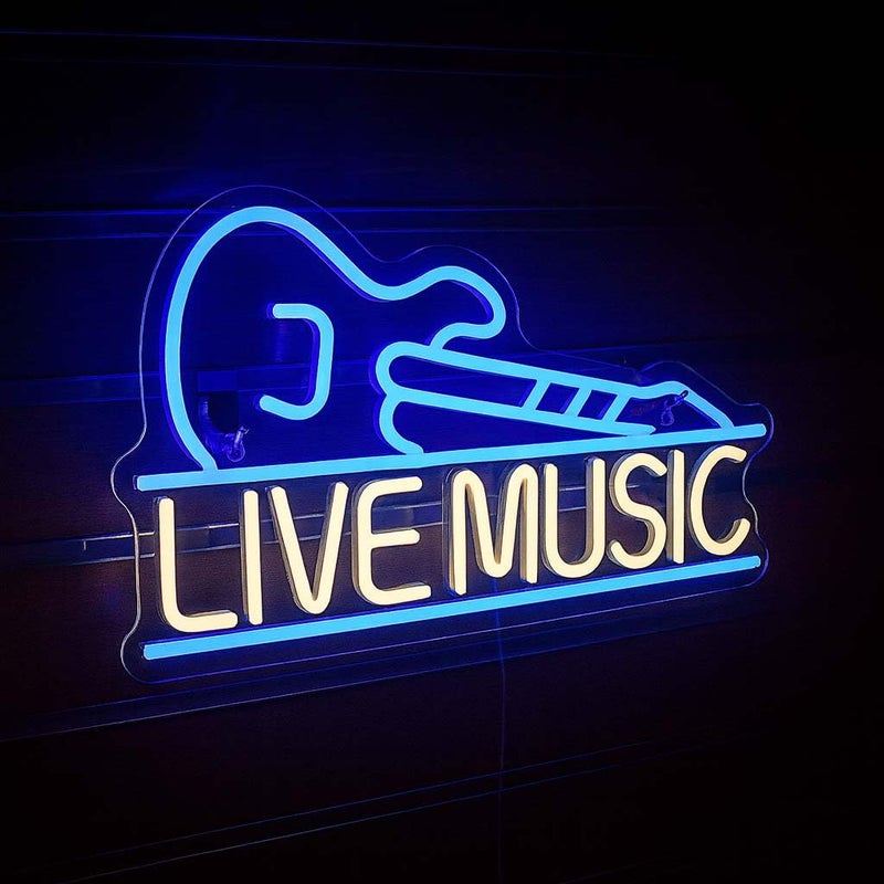 Horoof Home Live Music Neon LED Wall Light with Guitar Design - Blue and White Acrylic Sign for Bar and Room Decor - Image 2