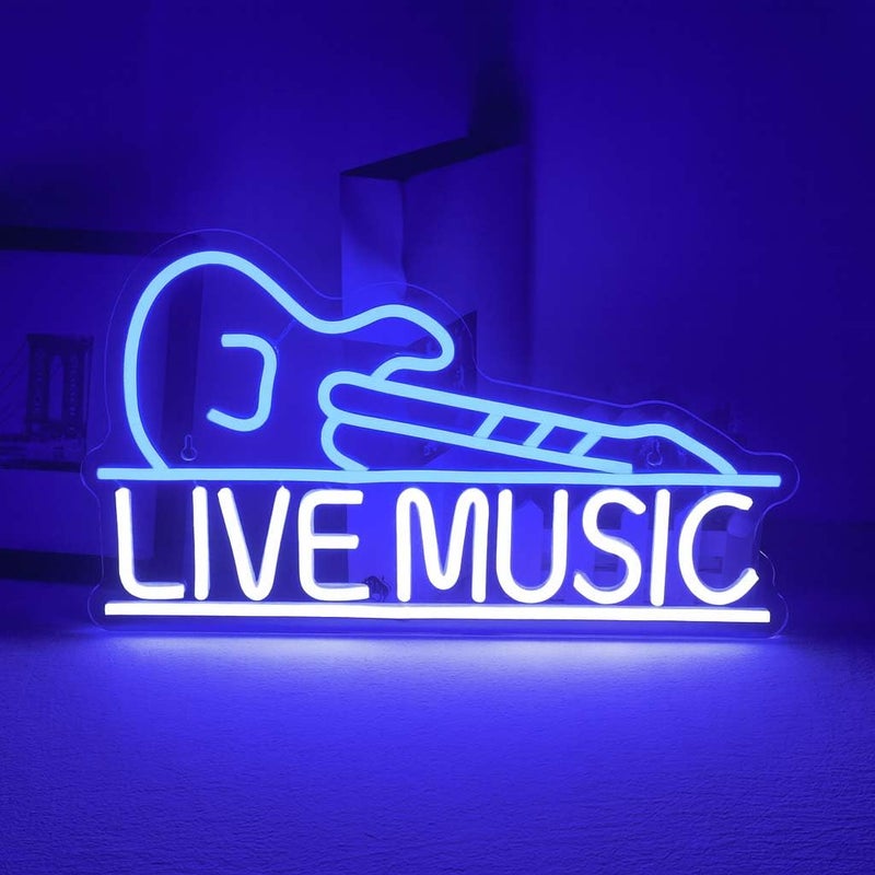 Horoof Home Live Music Neon LED Wall Light with Guitar Design - Blue and White Acrylic Sign for Bar and Room Decor - Image 1