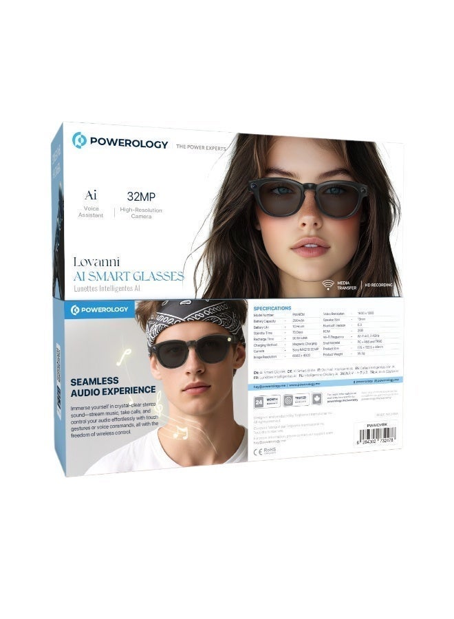 Powerology Lovanni Ai Smart Glasses with AI Bluetooth Glasses with Speaker &  / Play & Pause / Wireless Connectivity / 32MP Camera Sony / Standby Time 15 Days / Magnetic Charging / Touch Control Smart Glass - Black - Image 4