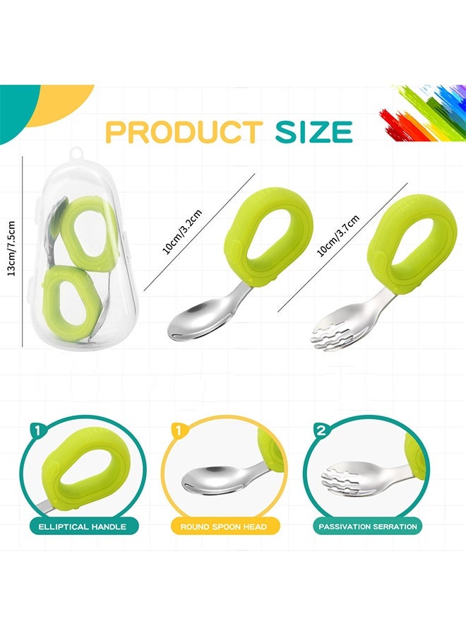MXN Baby Fork and Spoon Set, Toddler Utensils, Boy Girl Fork Spoon Set Stainless Steel Soft Silicone Handle Boys and Girls Utensils Bendable Design Dinner Forks Spoons Feeding Utensils (Green) - Image 2