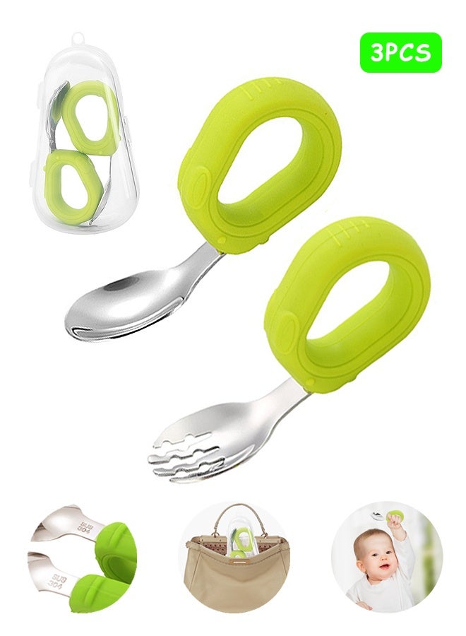 MXN Baby Fork and Spoon Set, Toddler Utensils, Boy Girl Fork Spoon Set Stainless Steel Soft Silicone Handle Boys and Girls Utensils Bendable Design Dinner Forks Spoons Feeding Utensils (Green) - Image 1