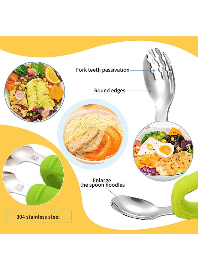 MXN Baby Fork and Spoon Set, Toddler Utensils, Boy Girl Fork Spoon Set Stainless Steel Soft Silicone Handle Boys and Girls Utensils Bendable Design Dinner Forks Spoons Feeding Utensils (Green) - Image 4