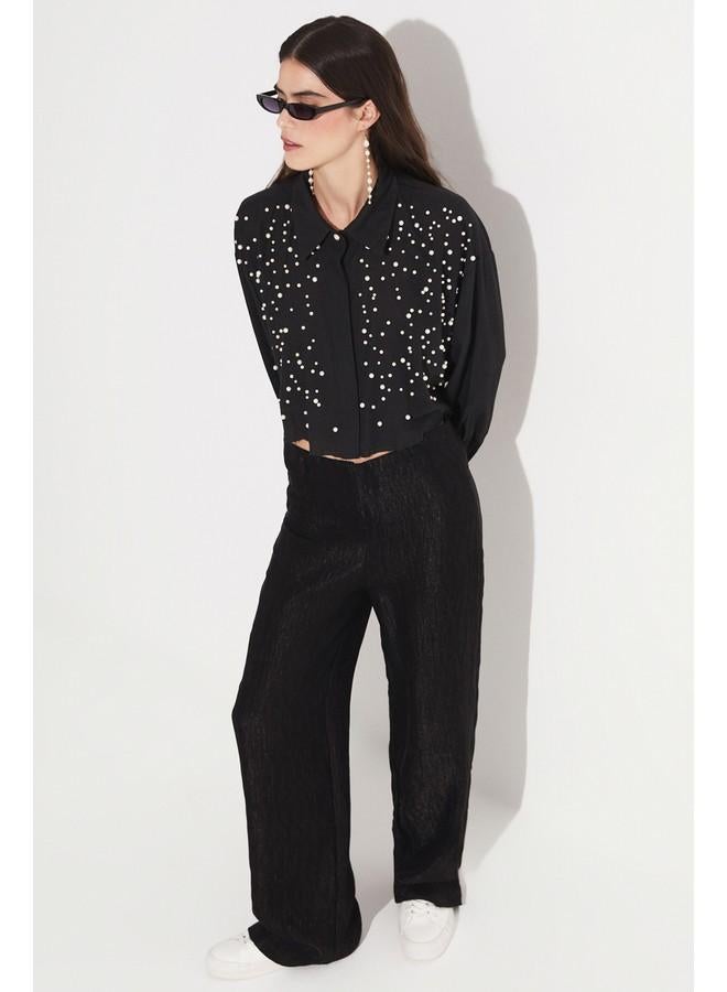 جون قميص قطن قصير بتفاصيل لؤلؤ للنساء - أسود - Image 3