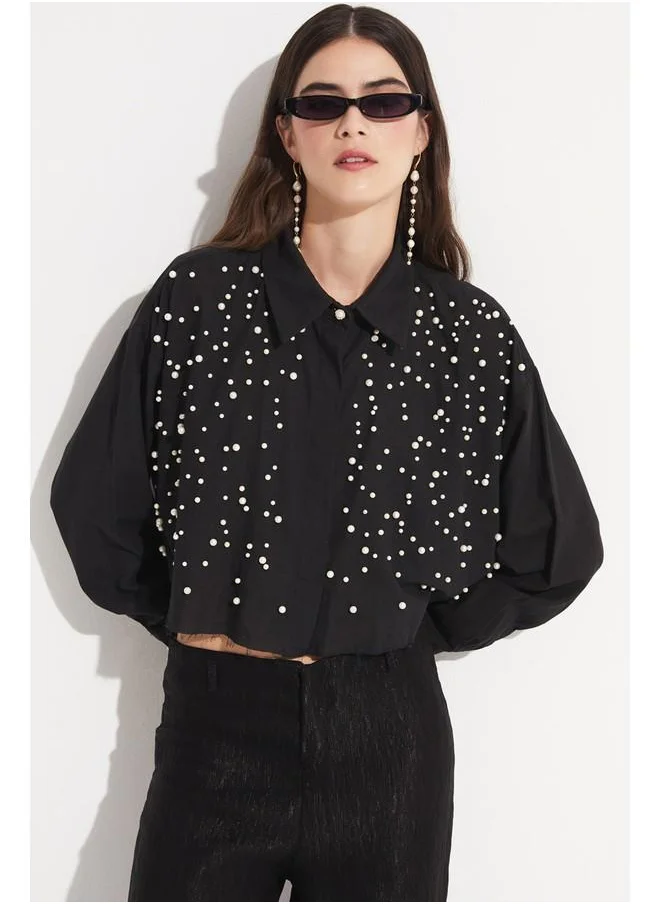 جون June Women Pearl Detail Cotton Crop Shirt Black