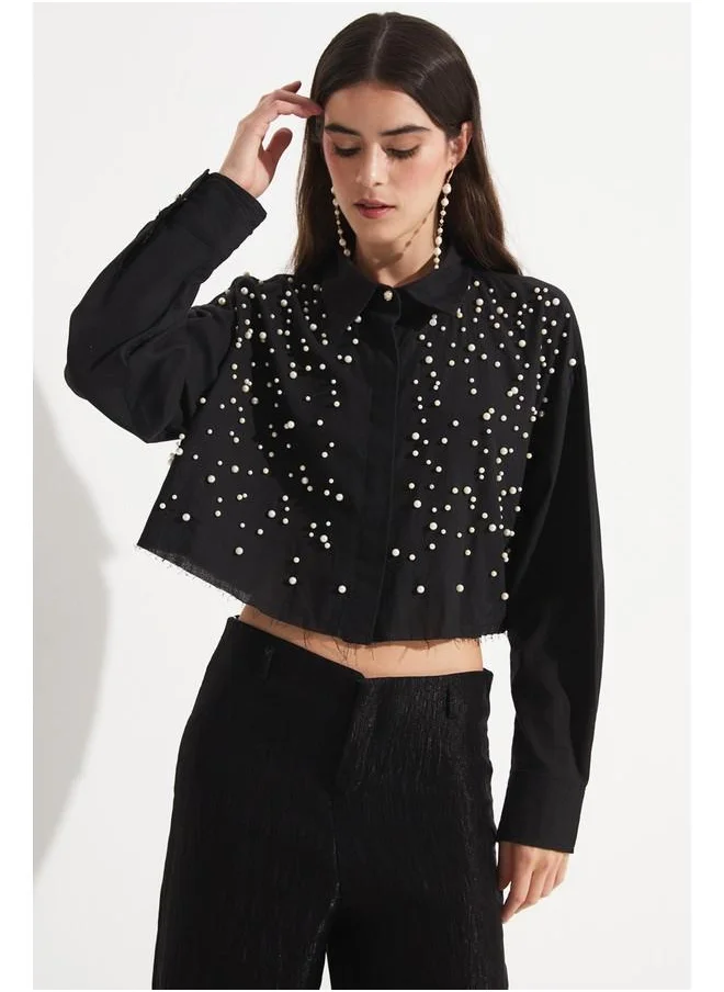 جون June Women Pearl Detail Cotton Crop Shirt Black